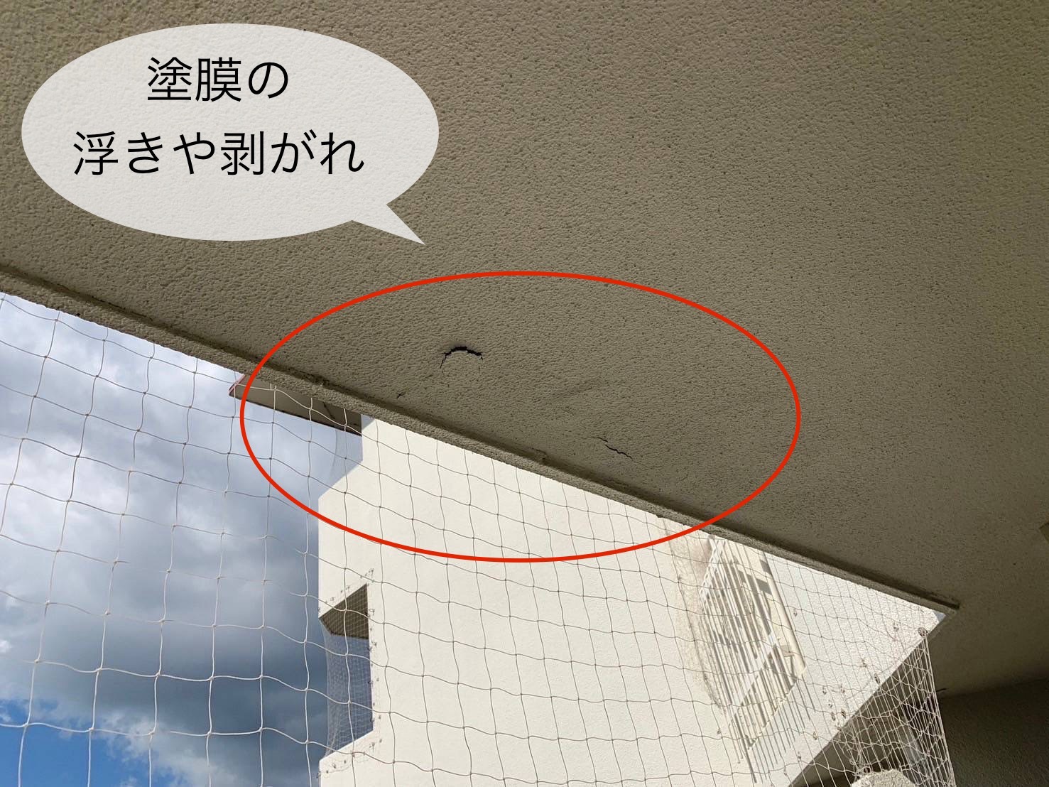 三田市のマンションの天井部分塗膜の剥がれや浮き、ひび割れをモルタルで補修しました。